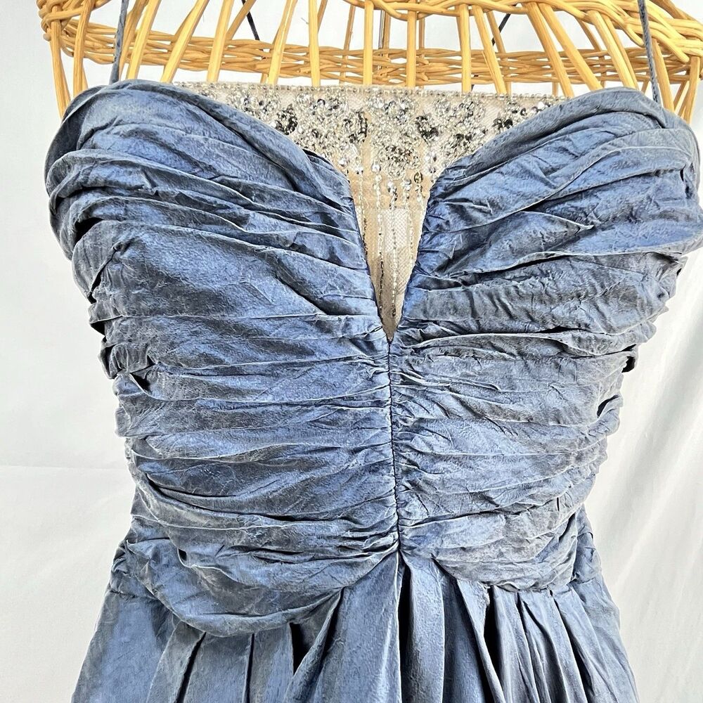 Badgley Mischka Peach Skin Silk Spaghetti Strap Blue Bubble Hem Dress Sz 6 - Picture 4 of 16